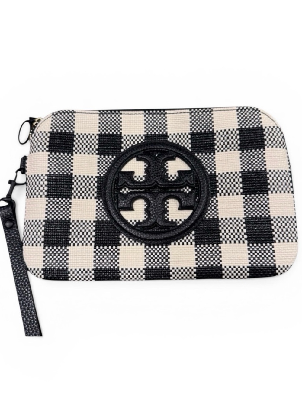 Tory Burch Black /New Ivory Gingham Leather Wristlet | Logo Zip Pouch Wallet